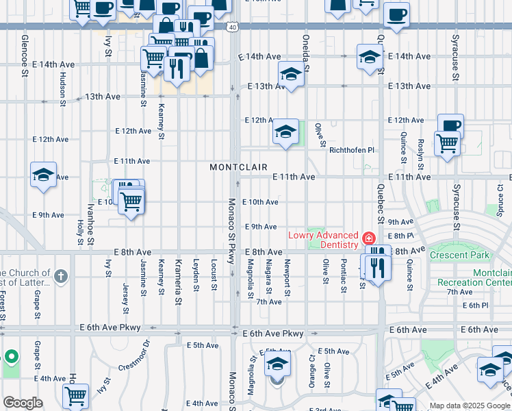 map of restaurants, bars, coffee shops, grocery stores, and more near 1010 Magnolia Street in Denver