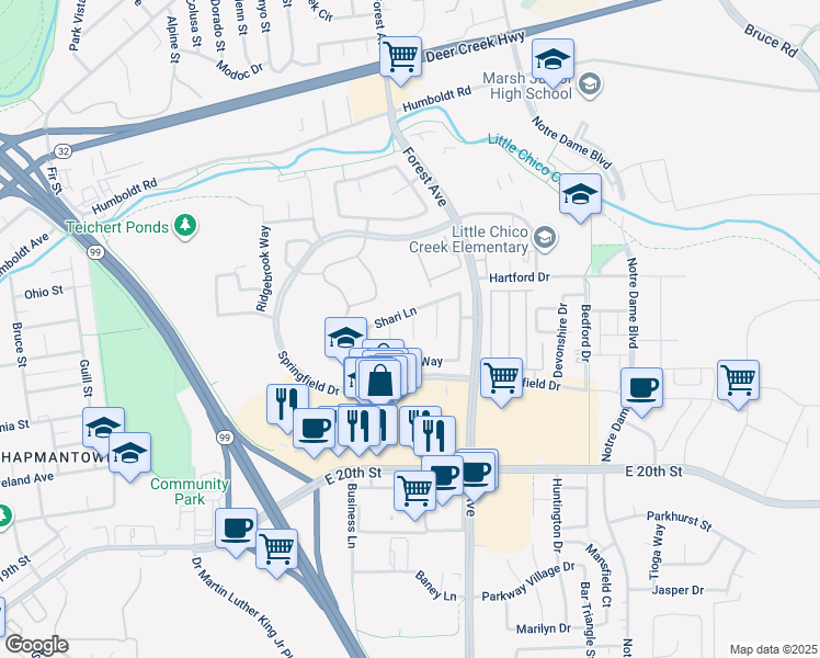 map of restaurants, bars, coffee shops, grocery stores, and more near in Chico