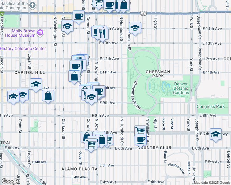 map of restaurants, bars, coffee shops, grocery stores, and more near 950 Lafayette Street in Denver