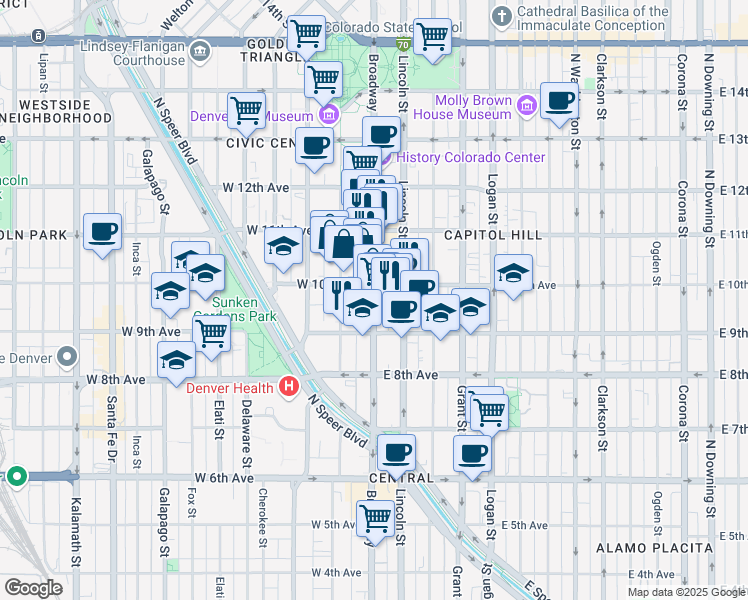 map of restaurants, bars, coffee shops, grocery stores, and more near 957 Broadway in Denver