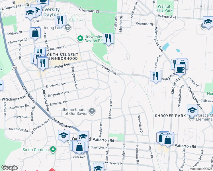 map of restaurants, bars, coffee shops, grocery stores, and more near 610 East Schantz Avenue in Dayton