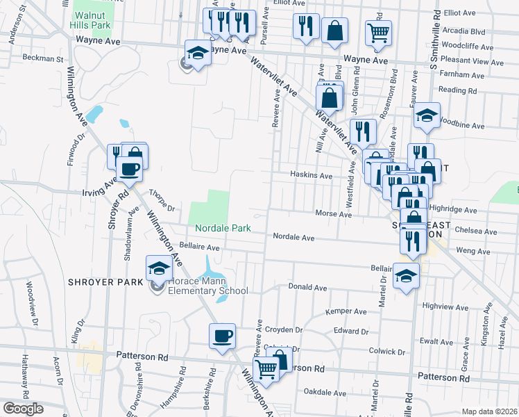map of restaurants, bars, coffee shops, grocery stores, and more near 2531 Revere Avenue in Dayton