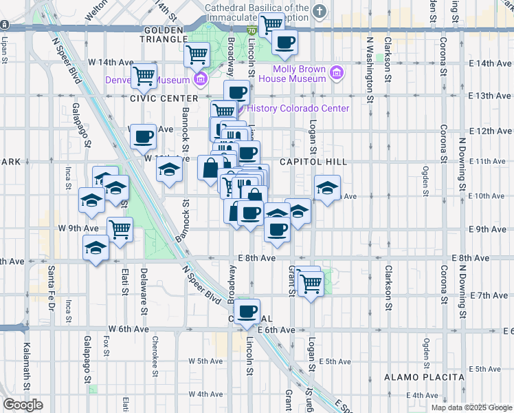 map of restaurants, bars, coffee shops, grocery stores, and more near 44 East 10th Avenue in Denver