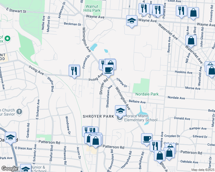 map of restaurants, bars, coffee shops, grocery stores, and more near 517 Winden Avenue in Dayton