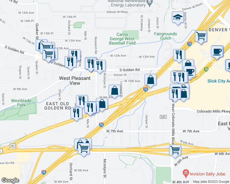 map of restaurants, bars, coffee shops, grocery stores, and more near 940 Lupine Street in Golden