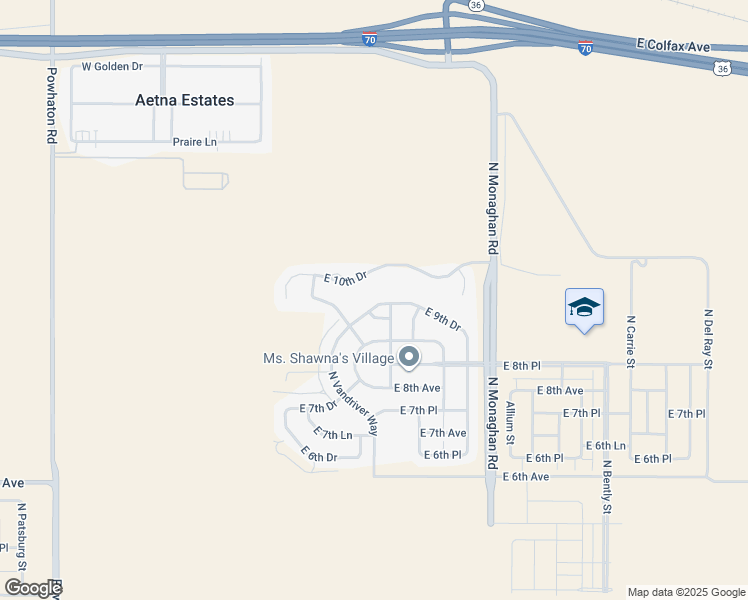 map of restaurants, bars, coffee shops, grocery stores, and more near 991 North Vandriver Way in Aurora