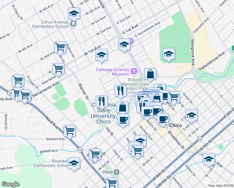 map of restaurants, bars, coffee shops, grocery stores, and more near 329 Legion Avenue in Chico