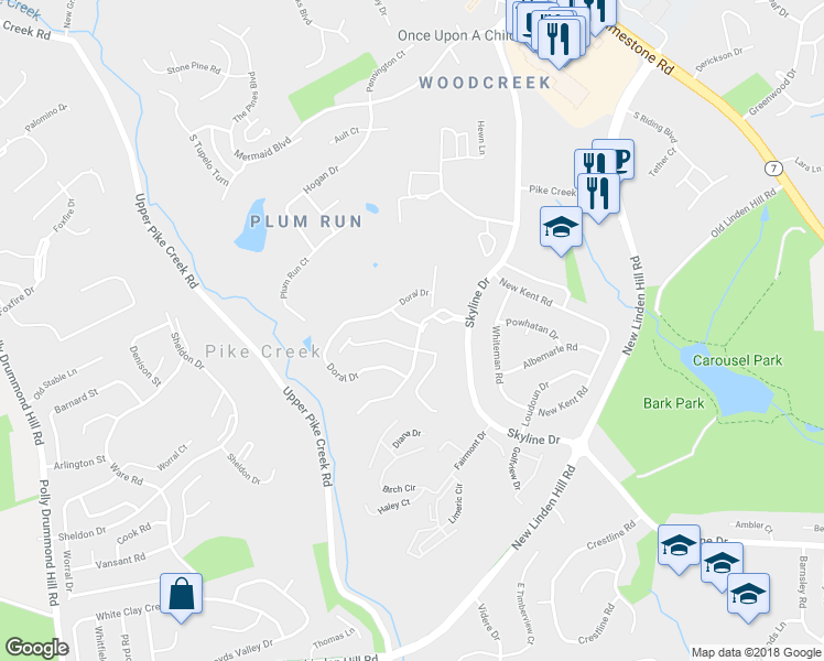 map of restaurants, bars, coffee shops, grocery stores, and more near 5400 Delray Drive in Wilmington