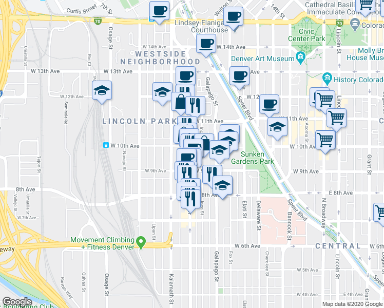 map of restaurants, bars, coffee shops, grocery stores, and more near 858 West 10th Avenue in Denver