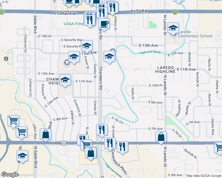 map of restaurants, bars, coffee shops, grocery stores, and more near 1034 Chambers Court in Aurora