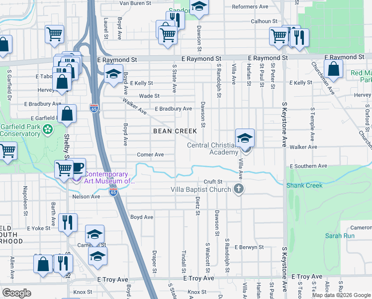 map of restaurants, bars, coffee shops, grocery stores, and more near 2509 South State Avenue in Indianapolis
