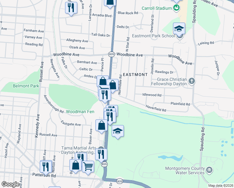 map of restaurants, bars, coffee shops, grocery stores, and more near 1691 Northdale Road in Dayton