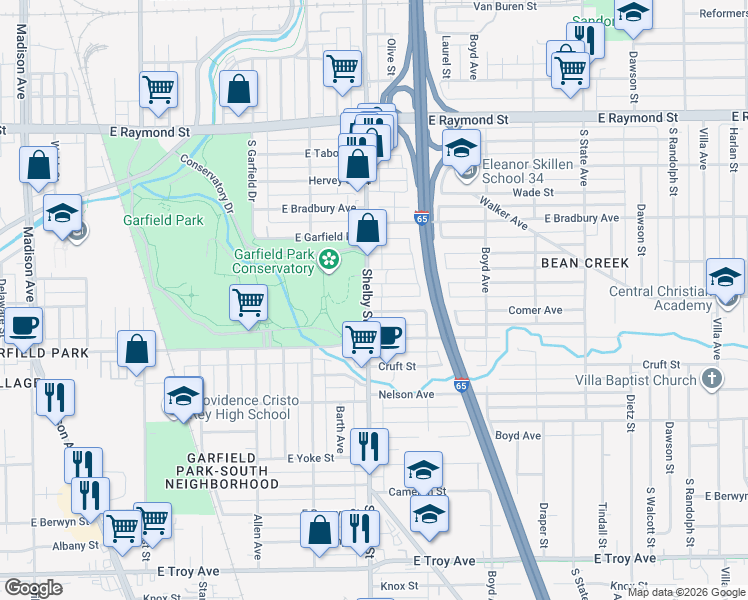 map of restaurants, bars, coffee shops, grocery stores, and more near 1119 Hoefgen Street in Indianapolis