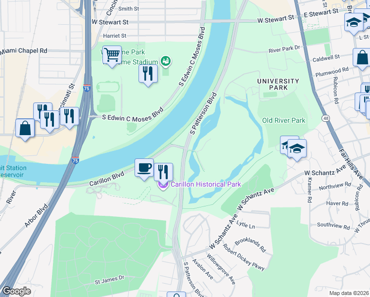 map of restaurants, bars, coffee shops, grocery stores, and more near 2001 South Patterson Boulevard in Dayton