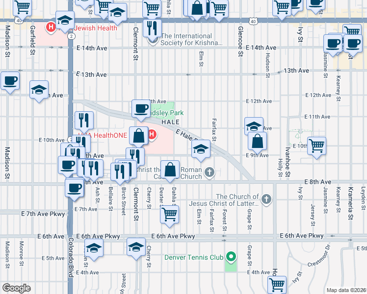 map of restaurants, bars, coffee shops, grocery stores, and more near 4800 East Hale Parkway in Denver