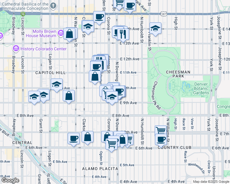 map of restaurants, bars, coffee shops, grocery stores, and more near 976 North Downing Street in Denver