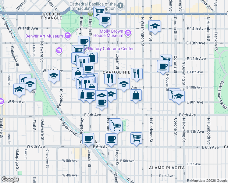 map of restaurants, bars, coffee shops, grocery stores, and more near 980 Grant Street in Denver