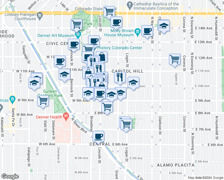 map of restaurants, bars, coffee shops, grocery stores, and more near 150 East 10th Avenue in Denver