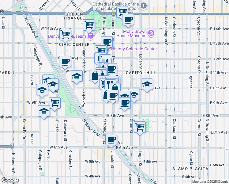 map of restaurants, bars, coffee shops, grocery stores, and more near 44 East 10th Avenue in Denver