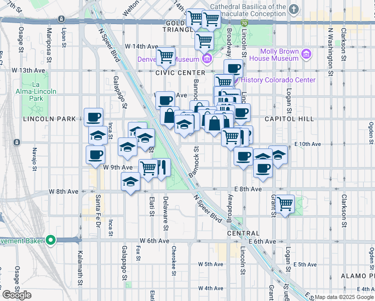 map of restaurants, bars, coffee shops, grocery stores, and more near 970 Cherokee Street in Denver