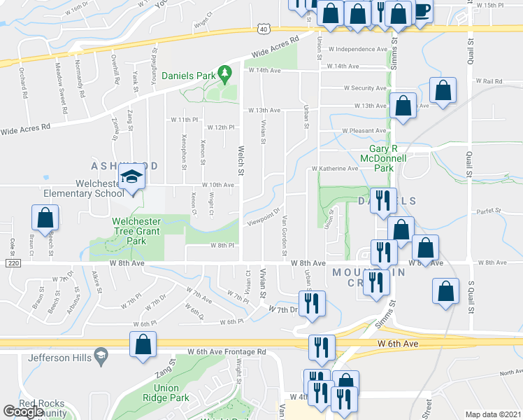 map of restaurants, bars, coffee shops, grocery stores, and more near 1010 Vivian Street in Golden