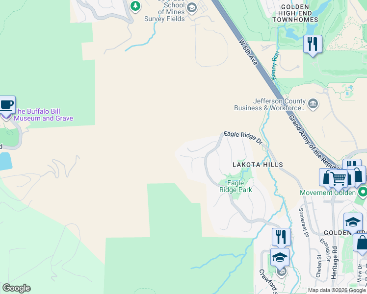 map of restaurants, bars, coffee shops, grocery stores, and more near 854 Shelton Road in Golden