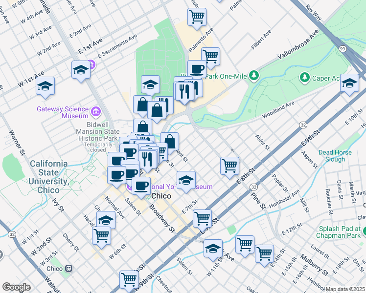 map of restaurants, bars, coffee shops, grocery stores, and more near 488 East 3rd Street in Chico