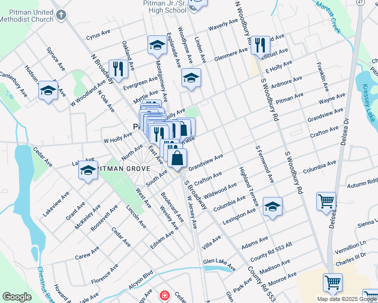 map of restaurants, bars, coffee shops, grocery stores, and more near 118 Oakcrest Avenue in Pitman
