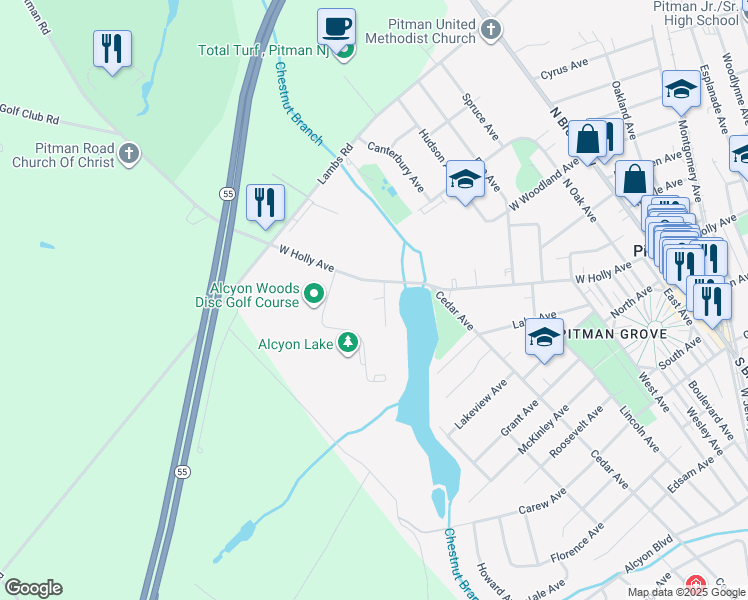 map of restaurants, bars, coffee shops, grocery stores, and more near 601 West Holly Avenue in Pitman