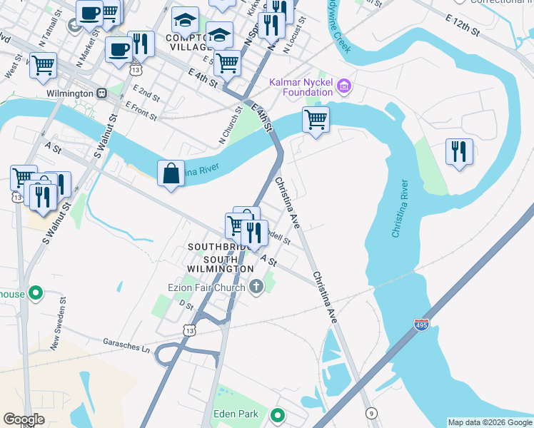 map of restaurants, bars, coffee shops, grocery stores, and more near 1202 Peach Street in Wilmington