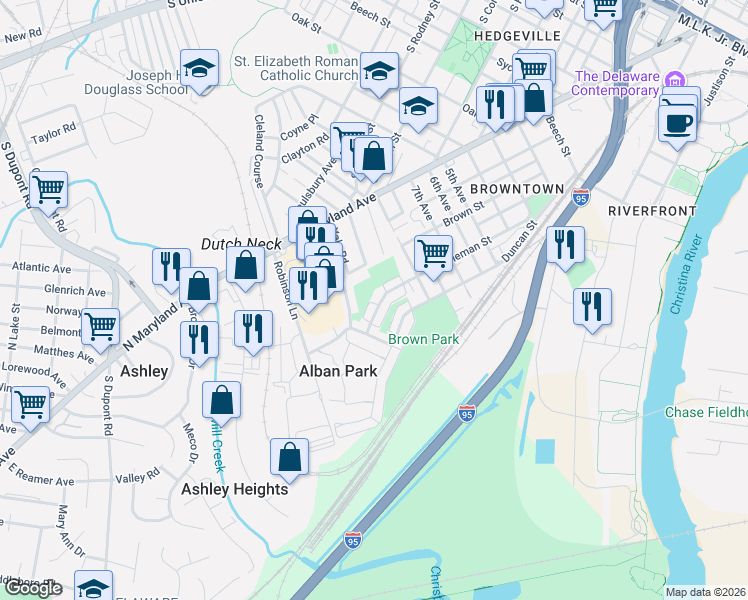 map of restaurants, bars, coffee shops, grocery stores, and more near 1625 Coleman Street in Wilmington