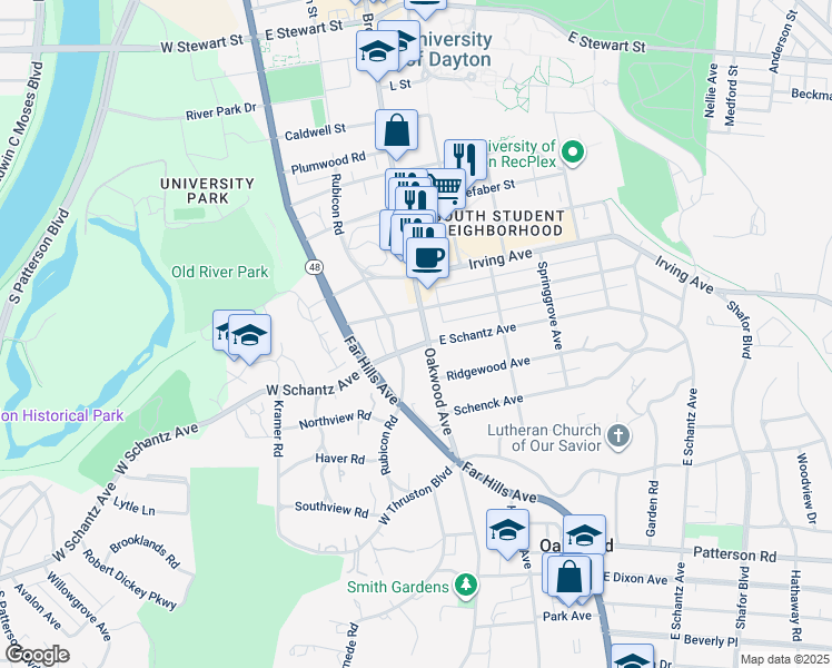 map of restaurants, bars, coffee shops, grocery stores, and more near 109 Oakwood Avenue in Dayton
