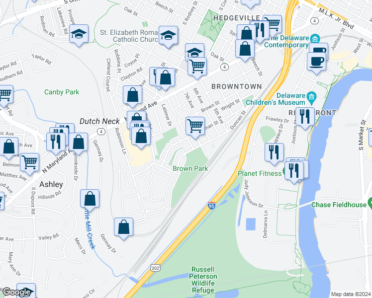 map of restaurants, bars, coffee shops, grocery stores, and more near 1507 Duncan Street in Wilmington