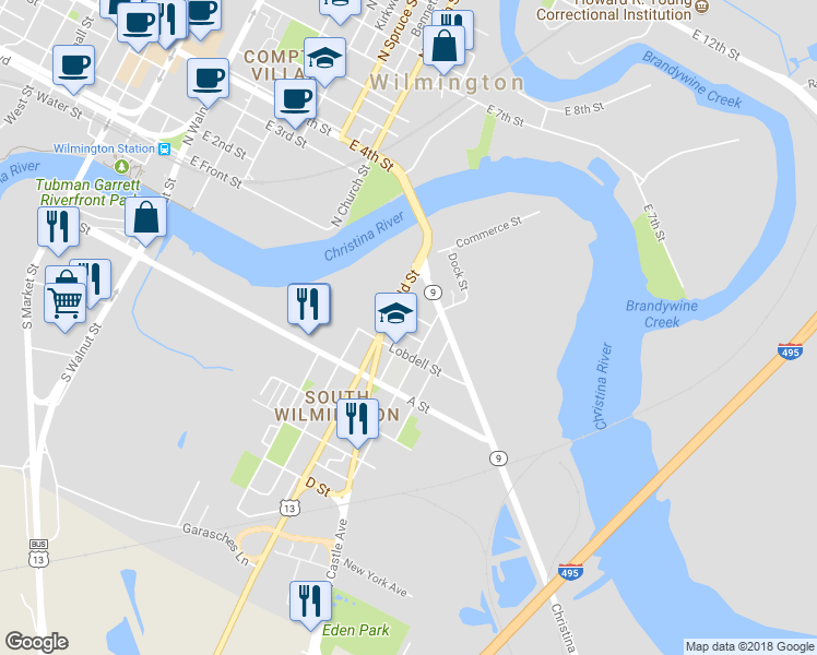 map of restaurants, bars, coffee shops, grocery stores, and more near 1202 Peach Street in Wilmington