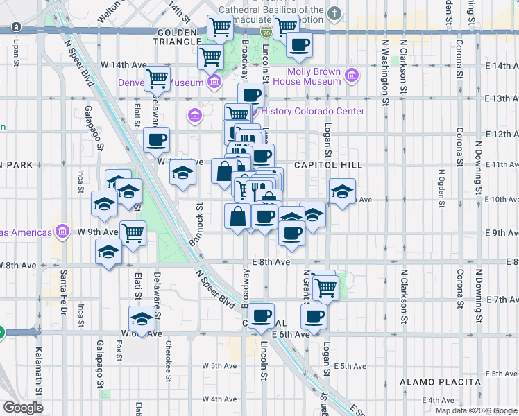 map of restaurants, bars, coffee shops, grocery stores, and more near 44 East 10th Avenue in Denver