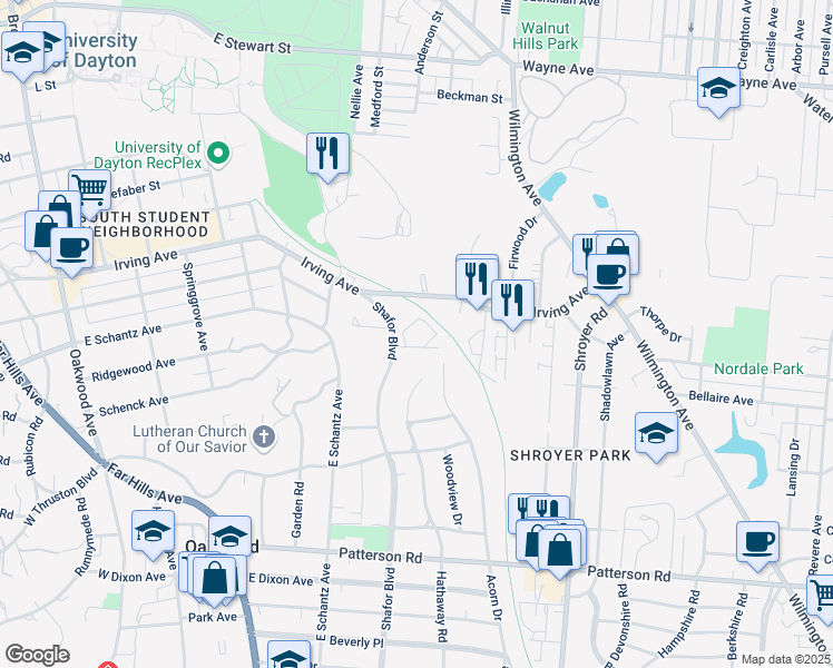 map of restaurants, bars, coffee shops, grocery stores, and more near 210 Shafor Blvd in Dayton