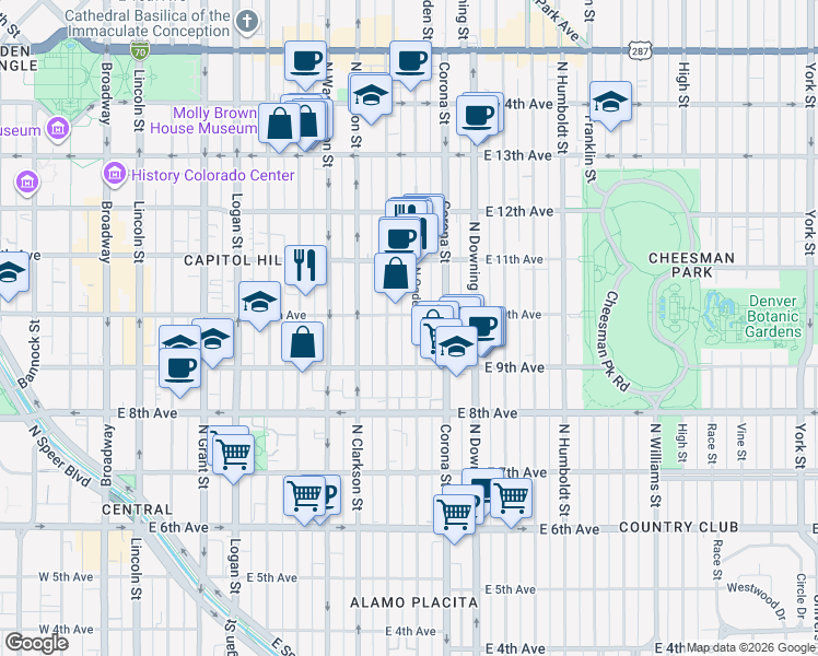 map of restaurants, bars, coffee shops, grocery stores, and more near 910 East 10th Avenue in Denver