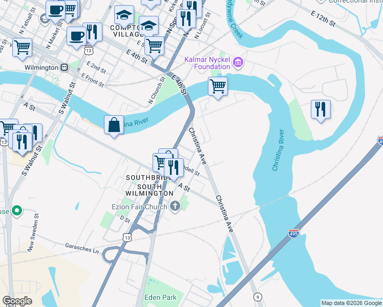 map of restaurants, bars, coffee shops, grocery stores, and more near 1 South Claymont Street in Wilmington