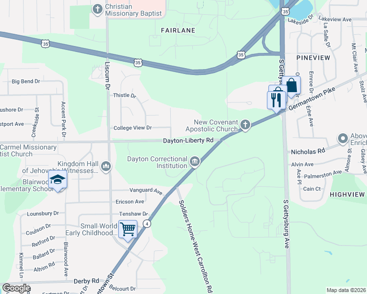 map of restaurants, bars, coffee shops, grocery stores, and more near 4370 Dayton-Liberty Road in Dayton