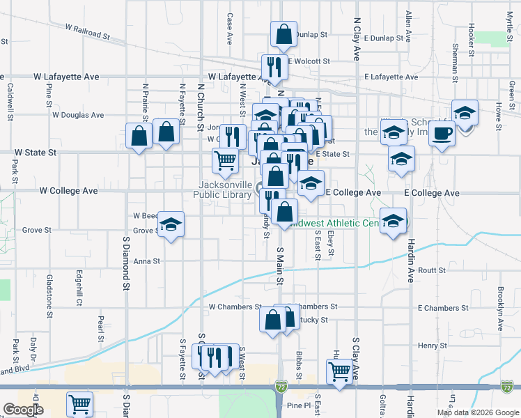map of restaurants, bars, coffee shops, grocery stores, and more near Library Avenue in Jacksonville