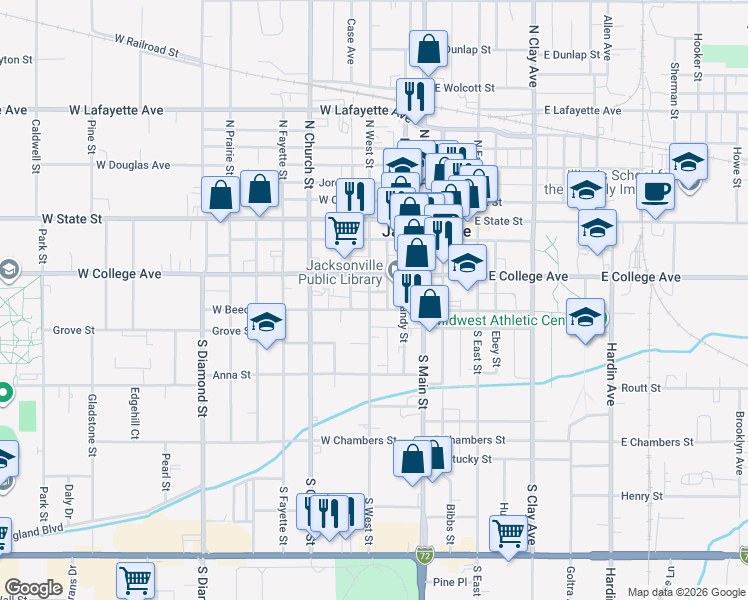map of restaurants, bars, coffee shops, grocery stores, and more near Library Avenue in Jacksonville