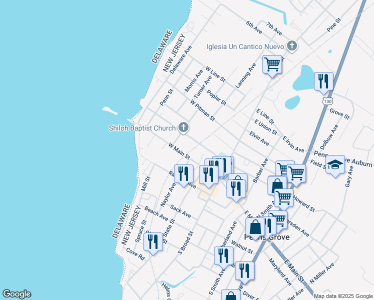 map of restaurants, bars, coffee shops, grocery stores, and more near 91 West Main Street in Penns Grove
