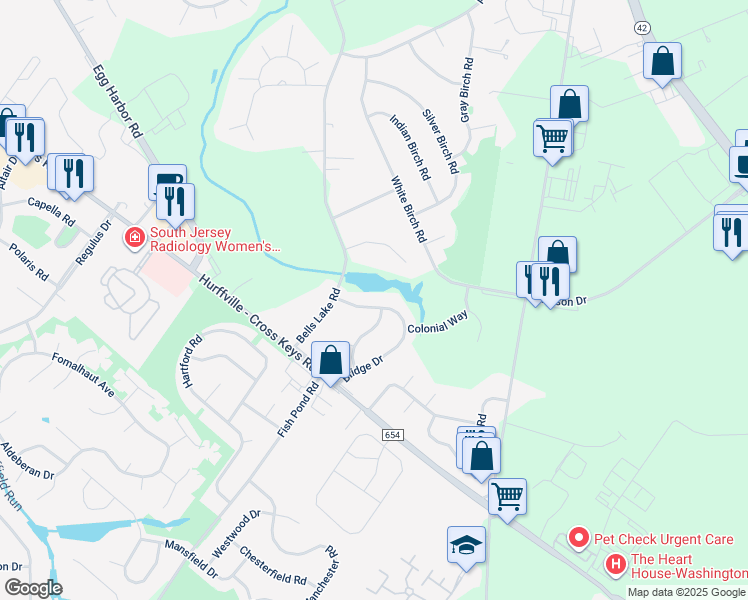 map of restaurants, bars, coffee shops, grocery stores, and more near 36 Bridge Drive in Washington Township
