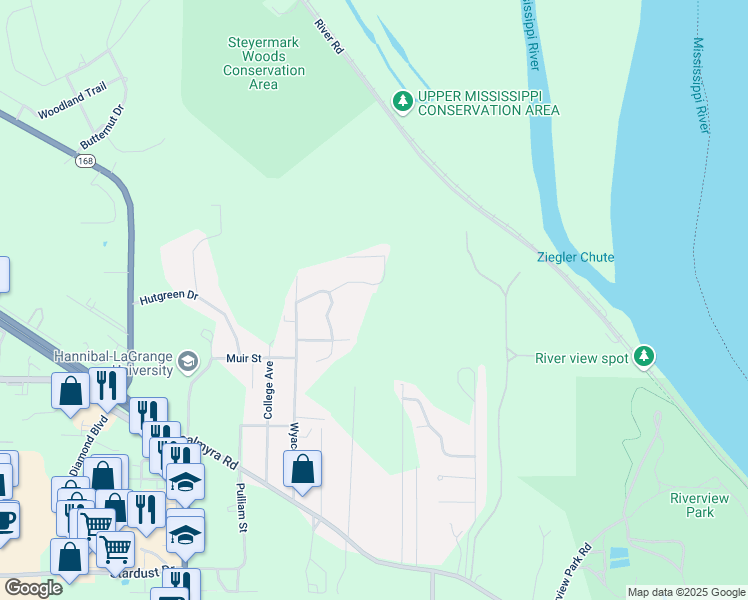 map of restaurants, bars, coffee shops, grocery stores, and more near 42 Holiday Drive in Hannibal