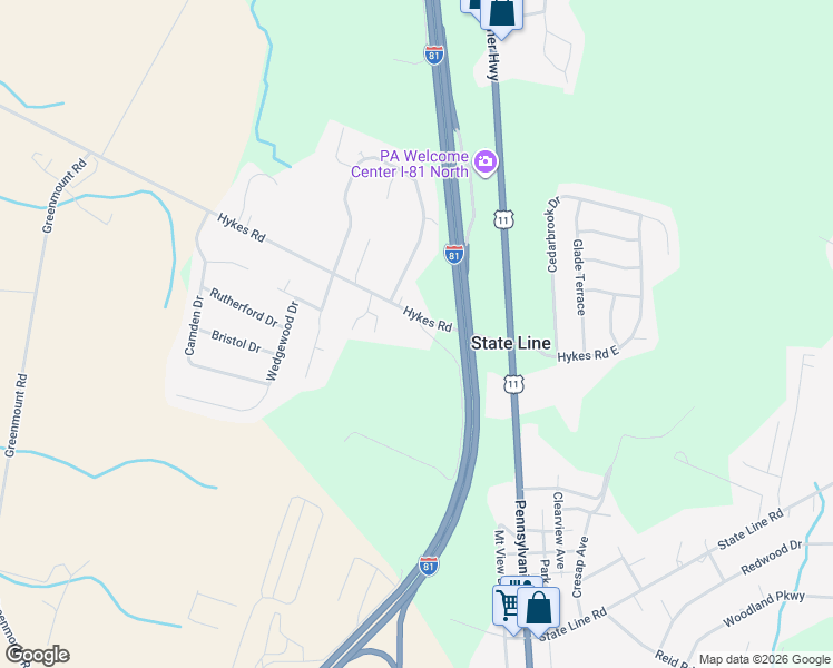 map of restaurants, bars, coffee shops, grocery stores, and more near 380 Hykes Road in Greencastle