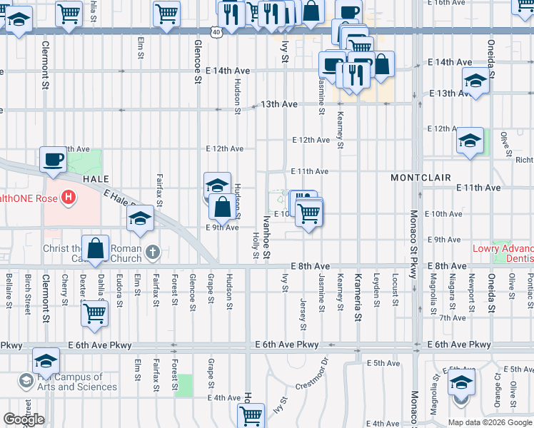 map of restaurants, bars, coffee shops, grocery stores, and more near East 10th Avenue in Denver