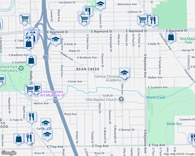 map of restaurants, bars, coffee shops, grocery stores, and more near 2511 Walker Place in Indianapolis