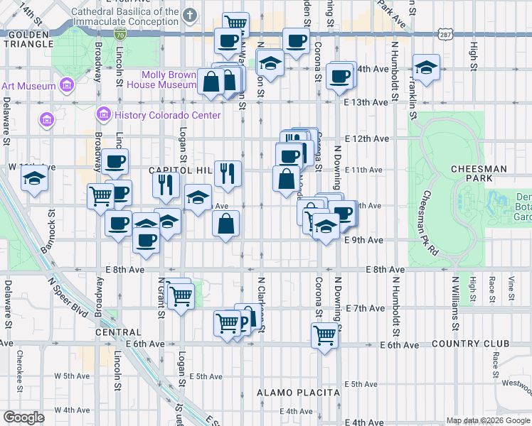 map of restaurants, bars, coffee shops, grocery stores, and more near 980 North Clarkson street in Denver