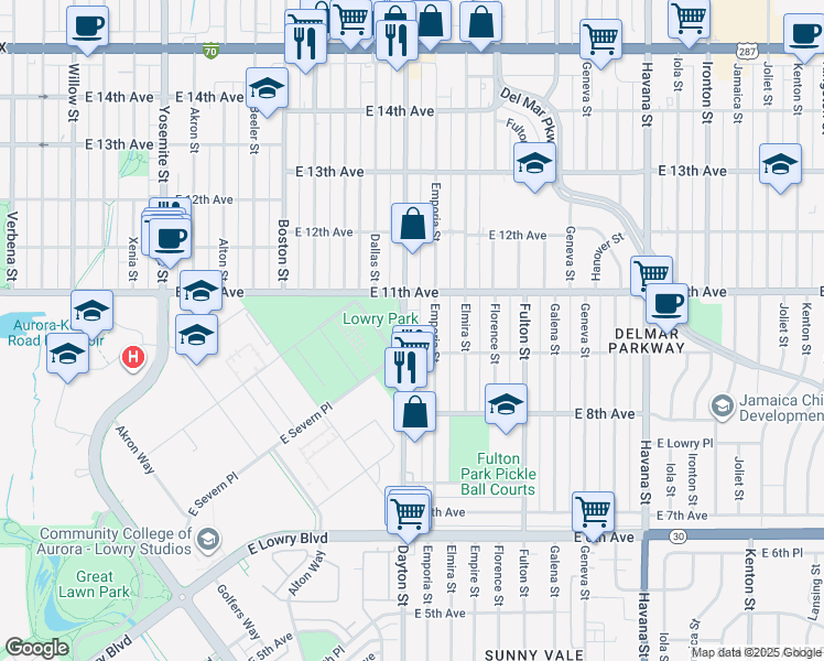 map of restaurants, bars, coffee shops, grocery stores, and more near 1054 Dayton Street in Aurora