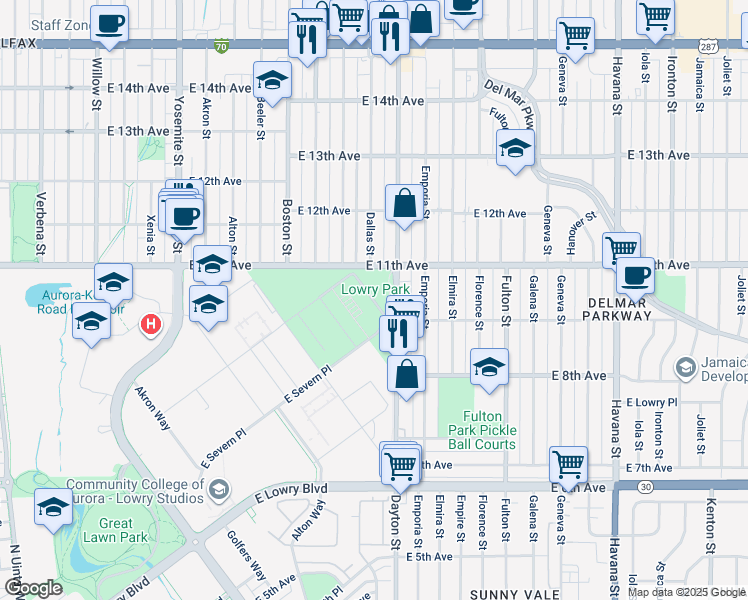 map of restaurants, bars, coffee shops, grocery stores, and more near 1101 Dallas Street in Aurora
